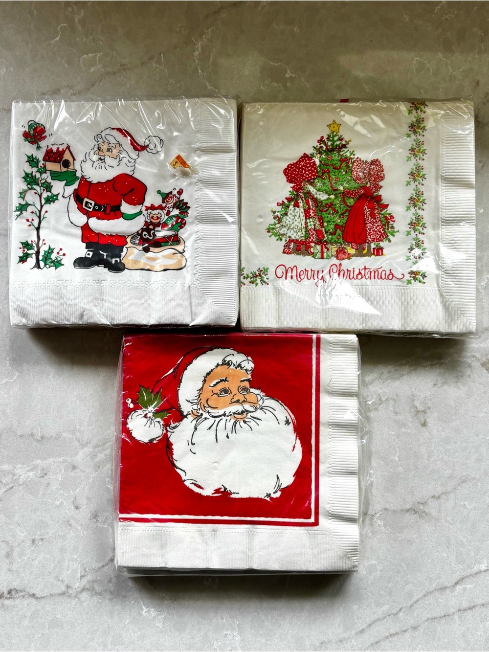 Vintage Christmas Napkins Prairie Girls Santa Lot of 3 Sealed Retro Holiday 60